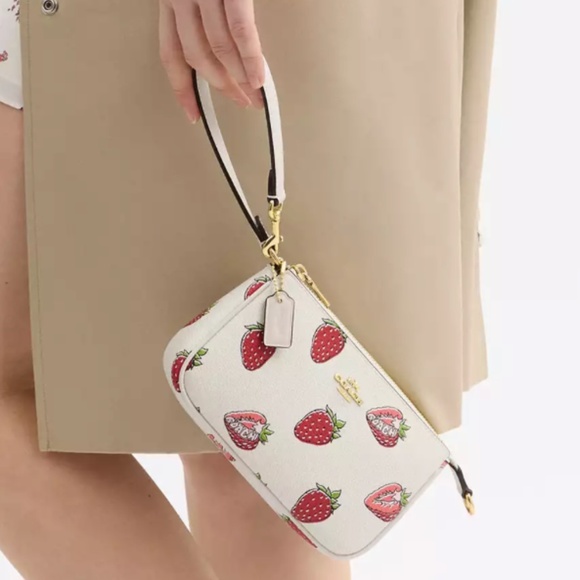 NEW Coach Nolita 19 Leather Wristlet With Strawberry Print CAL25 Gold / Chalk - Picture 5 of 6